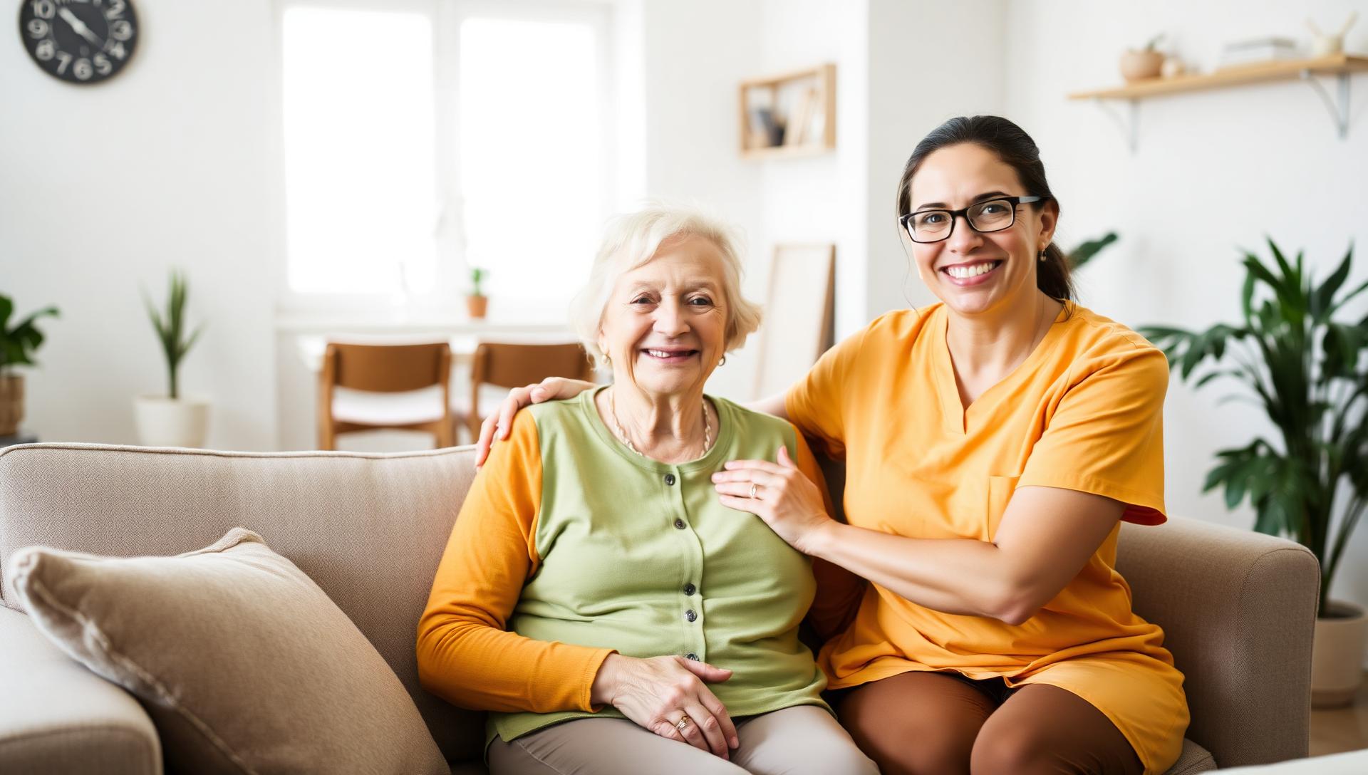 Caregiver smiling with a senior woman at home